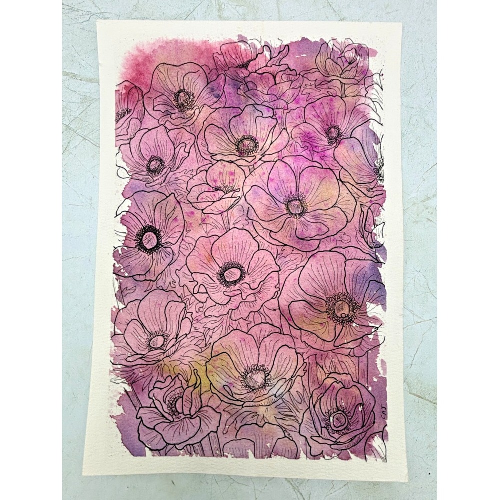 Original Anemone Watercolor Painting 7x10 Floral Botanical Line Art Ink Drawing
